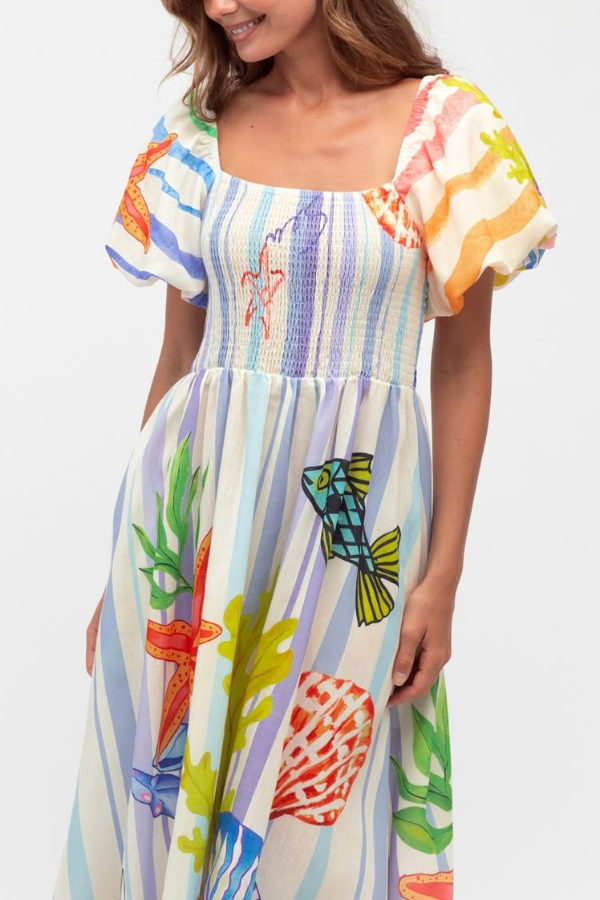 Marine Creature Print Square Neck Puff Sleeve Pleated Casual Pocket Maxi Dress-consonak