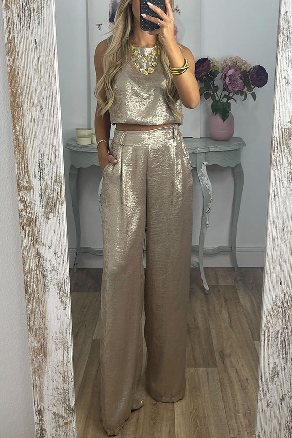 Rita Metallic Fabric Back Buttons Crop Tank and Elastic Waist Pocketed Wide Leg Pants Set | Consonak