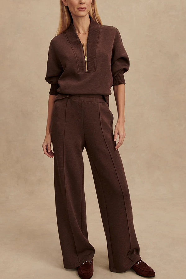 Meet The Autumn Ribbed Zipper Neck Sweatshirt and Elastic Waist Pocketed Loose Pants Set-consonak