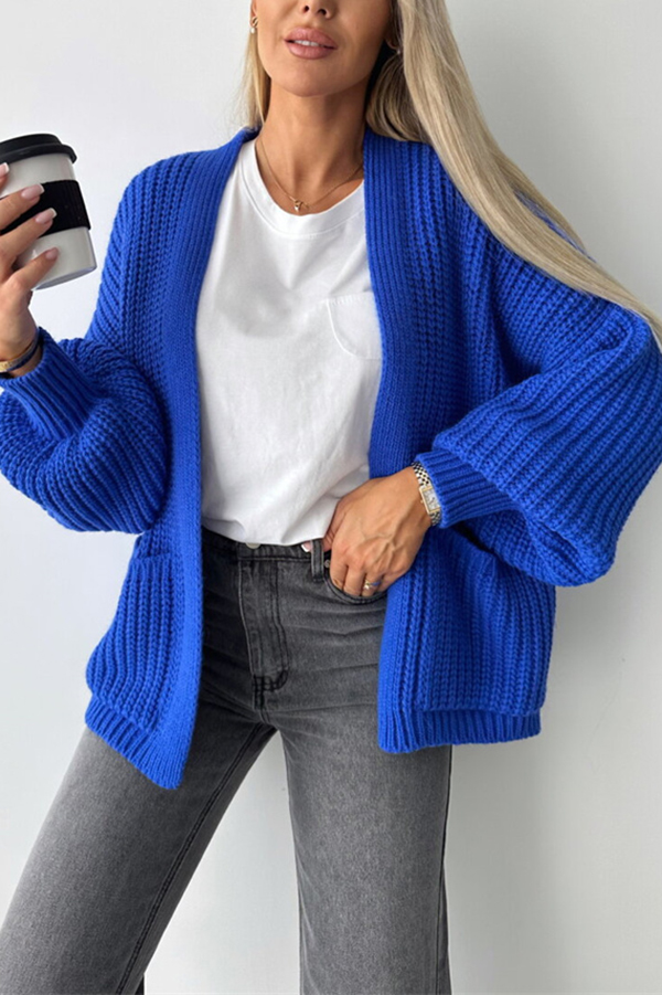 Solid Color V-neck Long-sleeved Casual Knitted Cardigan-consonak