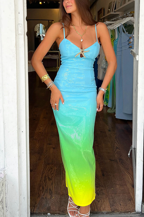 Sirene Sequin Unique Gradient Print Starfish Brooch Cutrout Slit Stretch Maxi Dress | Consonak