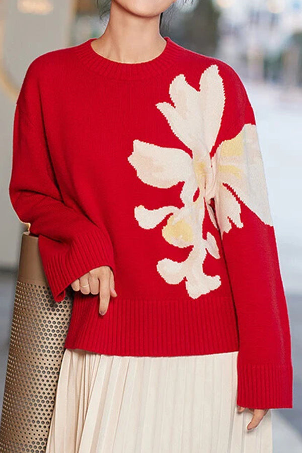 Fashionable Color-blocked Floral Loose Long-sleeved Knit Sweater-consonak