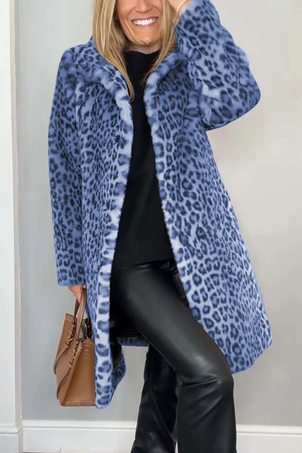 Leopard Print Lapel Long Sleeve Mid-length Plush Coat-consonak