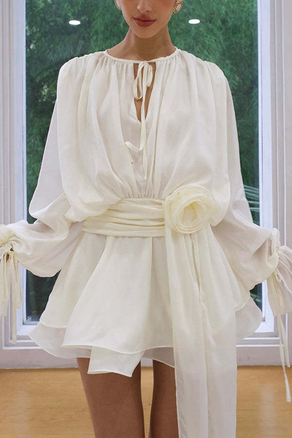 Solid Color Long Sleeve V-Neck Lace-Up Elegant Flower Decorated Mini Dress-consonak