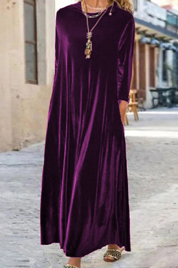 Solid Color Velvet Loose Round Neck Long Sleeve Midi Dress-consonak