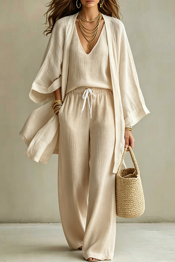 Linen Blend Solid Color Loose Cardigan V-neck Sleeveless Vest and Elastic Waist Pocket Straight Leg Pants Three-piece Set-Consonak