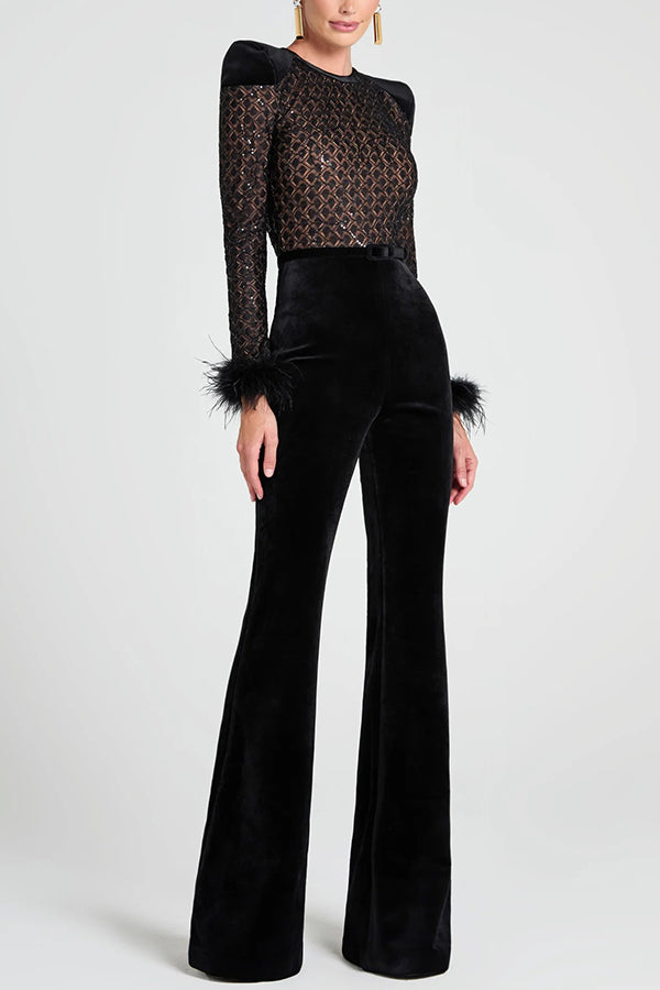 Monique Fish Scale Lace Sequin Velvet Patchwork Feather Trim Belted Stretch Flare Jumpsuit-consonak