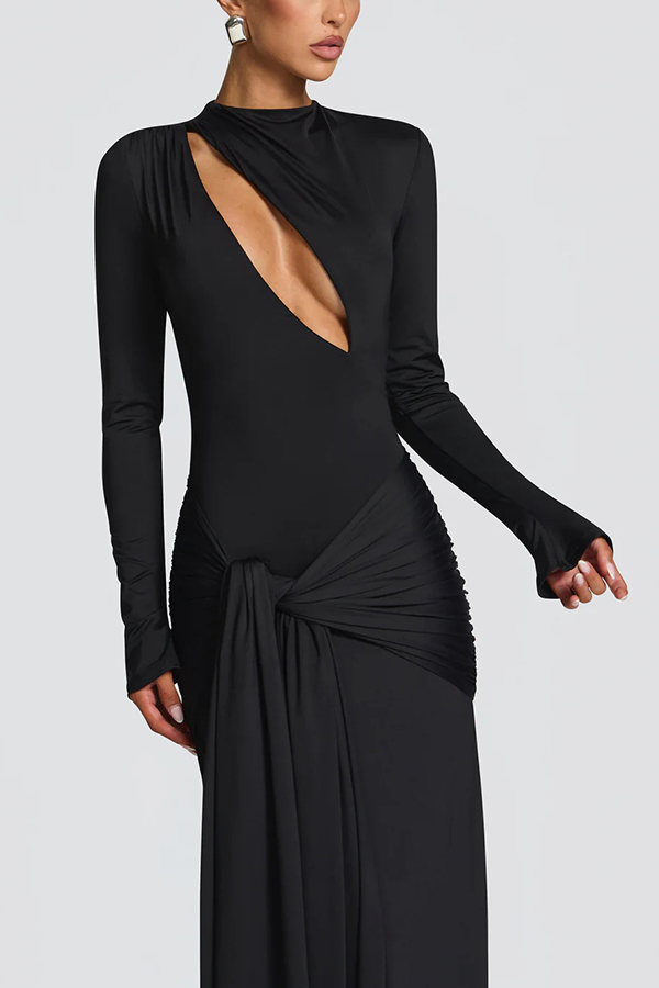 Sexy Cutout Fitted Long-sleeved Pleated Satin Ribbon Maxi Dresses-consonak