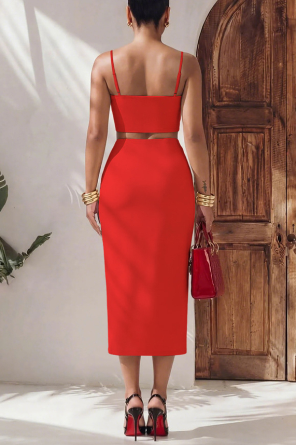 Stylish Spaghetti Strap Cropped Fitted Top and Elegant Asymmetrical Midi Skirt Set | Consonak