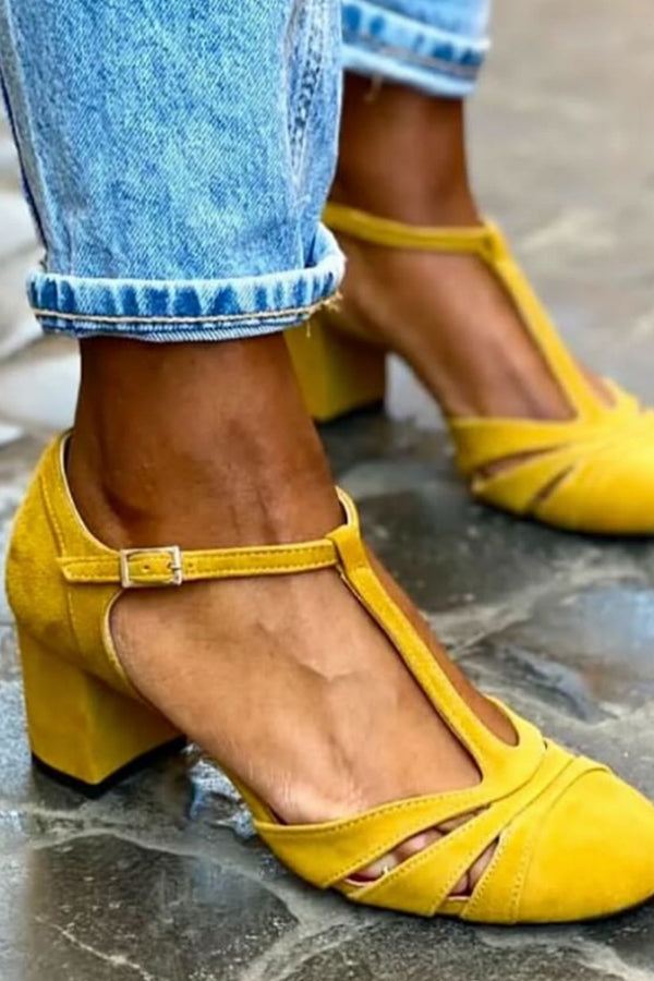Color-blocked Faux Suede Chunky Heel Sandals-Consonak