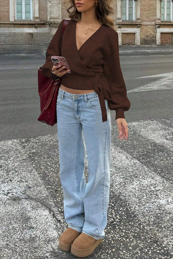 Solid Color Crossover V-neck Tie Elegant Long-sleeved Knit Top-consonak