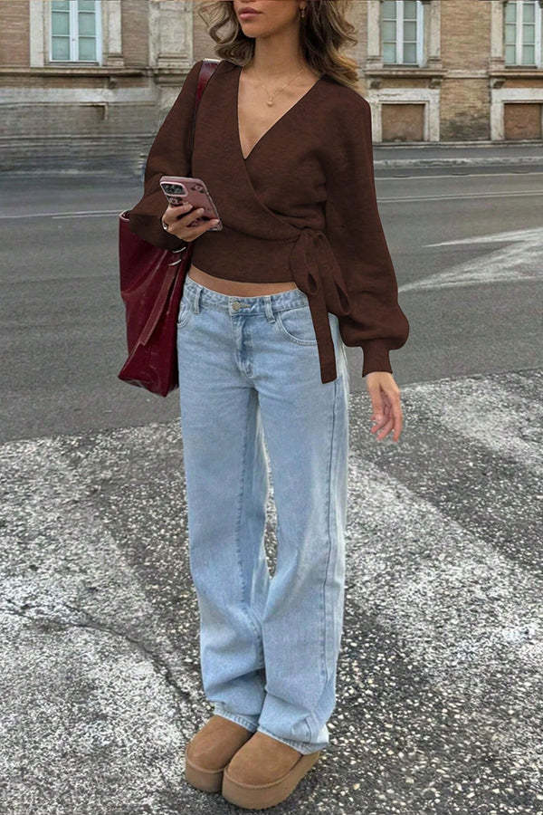 Solid Color Crossover V-neck Tie Elegant Long-sleeved Knit Top-consonak