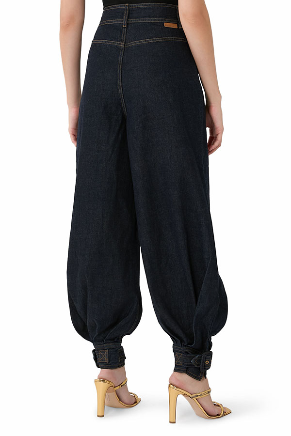 Luna Denim High Rise Pocket Adjustable Buckle Ankle Strap Harem Pants | Consonak