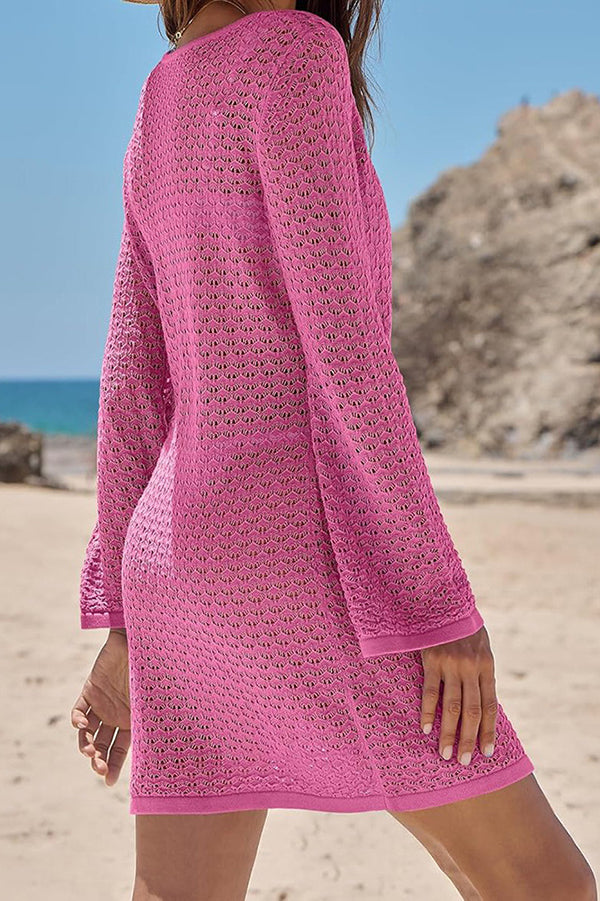 Solid Color Knit Hollow V-Neck Tie Long Sleeve Cover Up Mini Dress-consonak