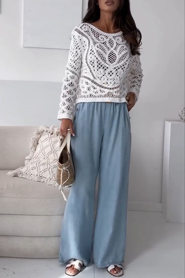 Lopez Knit Crochet Cutout Unique Pattern Long Sleeve Loose Top