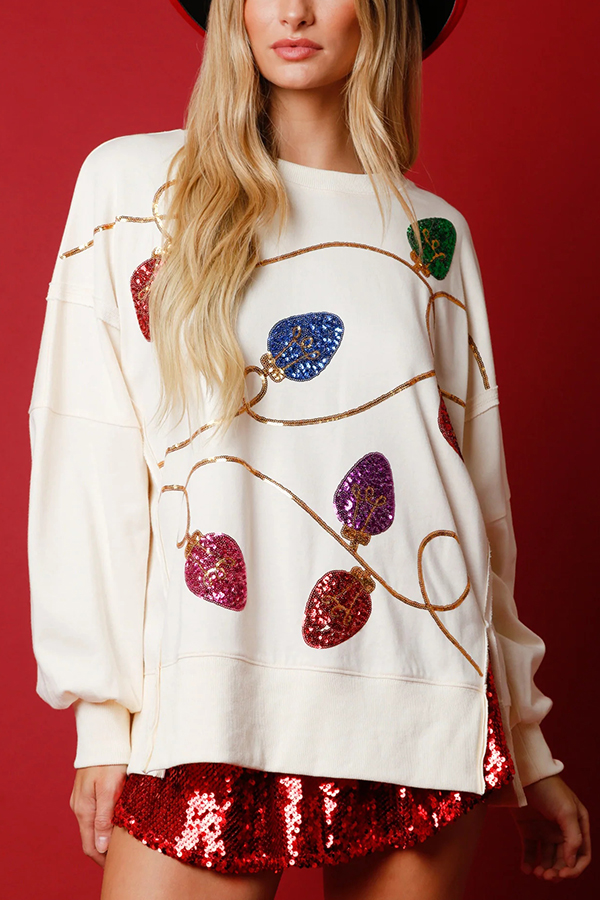 Christmas Lights Sequin Slit Pullover Sweatshirt-consonak
