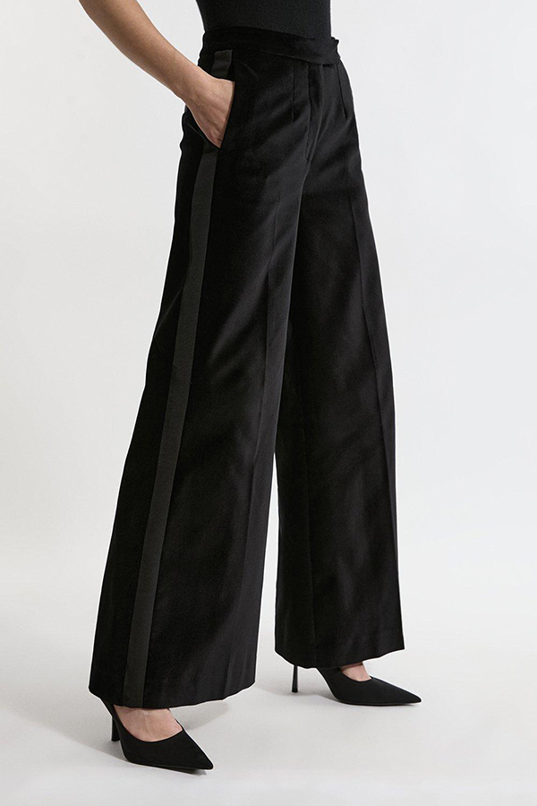 Cue The Cocktails Velvet Grosgrain Detail Pocketed Wide Leg Pants-consonak