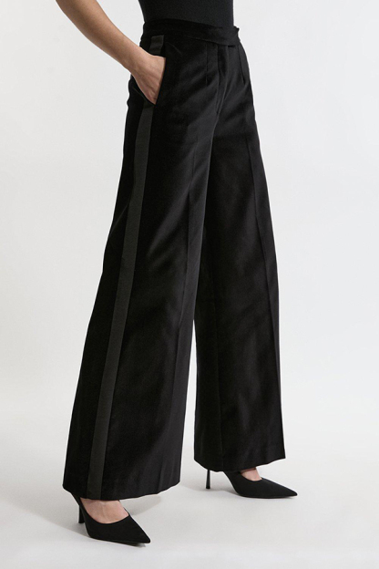 Cue The Cocktails Velvet Grosgrain Detail Pocketed Wide Leg Pants-consonak