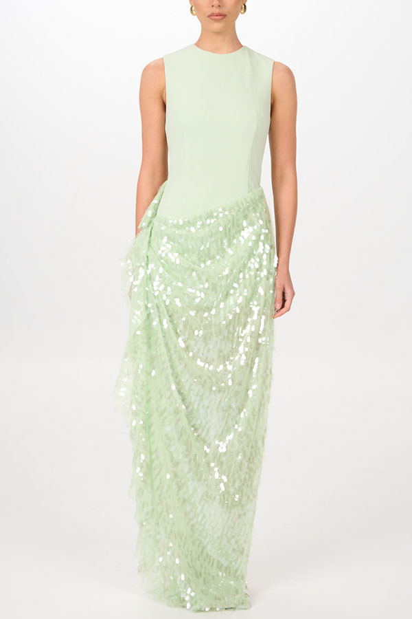 Unspoken Glamour Crepe and Fish Scale Sequins Ruffle Ruched Drape Maxi Dress-consonak