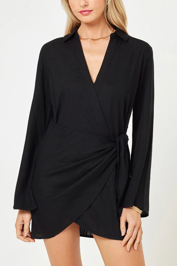 Solid Color Casual Long-sleeved V-neck Tie Waist Mini Dress-consonak