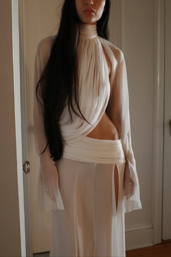 Sexy See-through High-neck Long-sleeved Draped Top and High-waisted Slit Maxi Skirt Vacation Set-Consonak