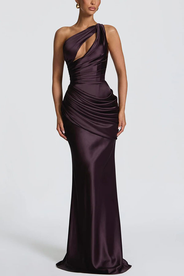 Emina Satin One Shoulder Asymmetrical Neck Cutout Back Lace-up Drape Maxi Dress | Consonak