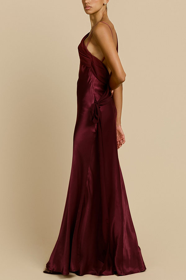 Helena Satin Asymmetric Neckline Contrast Chiffon Detail Backless Maxi Dress