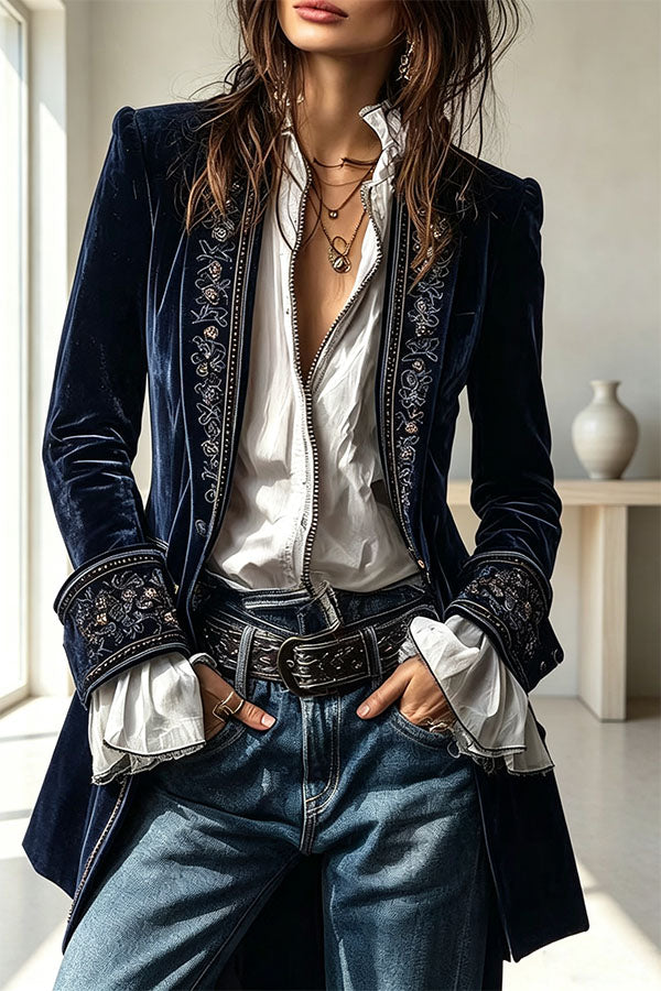 Aurelia Embroidered Velvet Tailored Blazer-Consonak