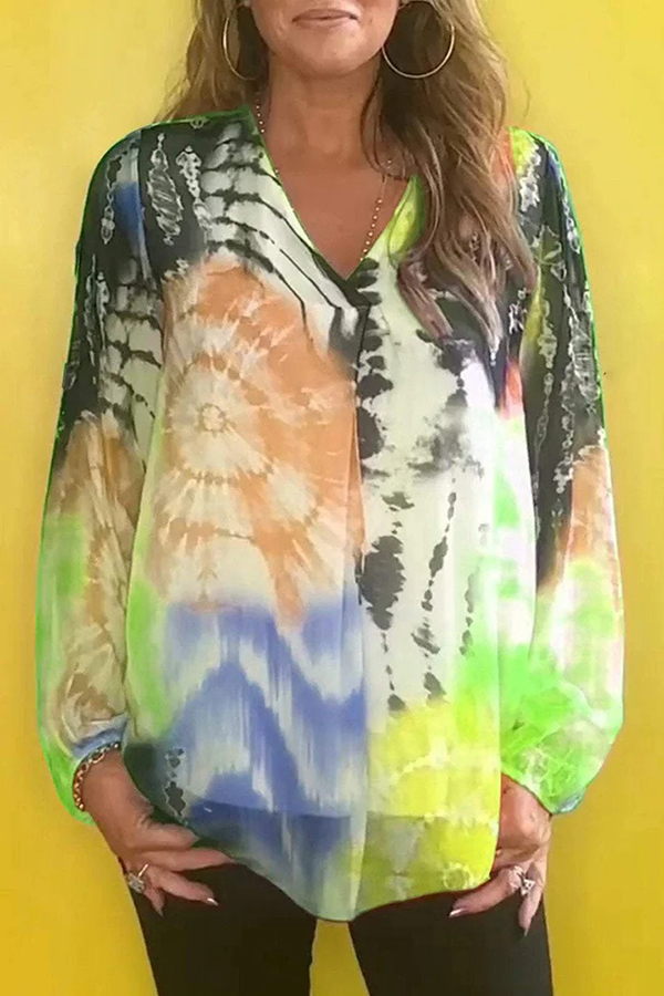 Fashionable Gradient Tie-dye V-neck Long-sleeved Casual Shirt-consonak