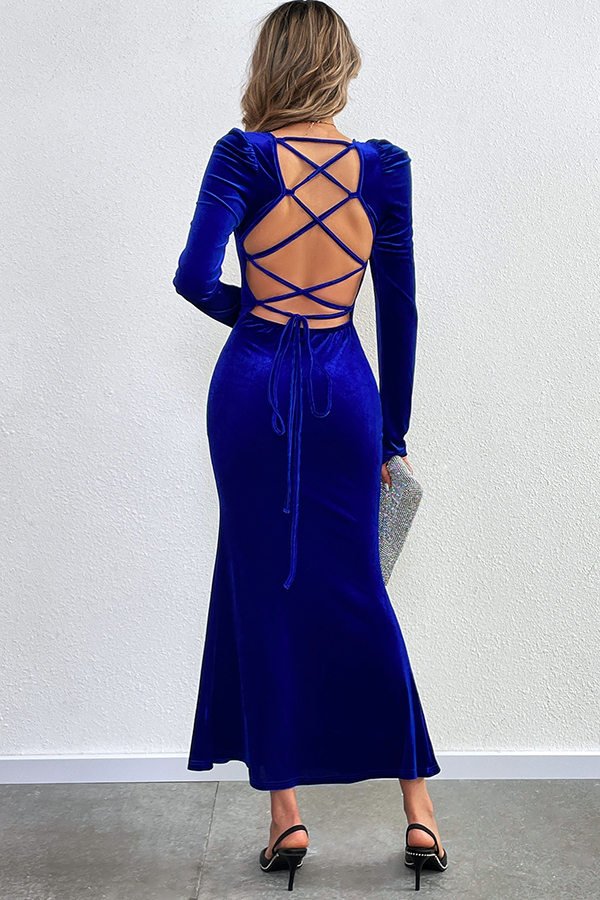 Velvet Long-sleeved Sexy Backless Slim Fit Fishtail Maxi Dress-consonak
