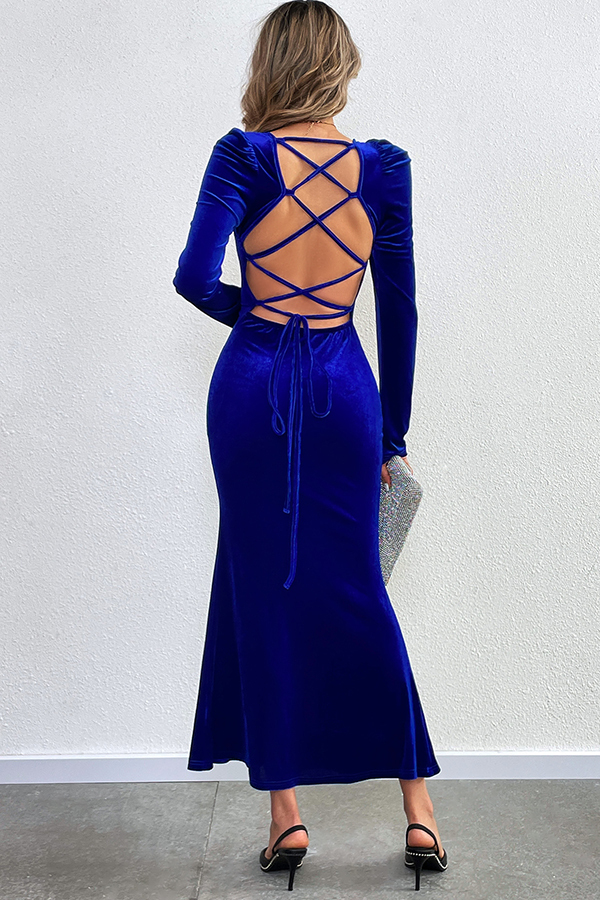 Velvet Long-sleeved Sexy Backless Slim Fit Fishtail Maxi Dress-consonak