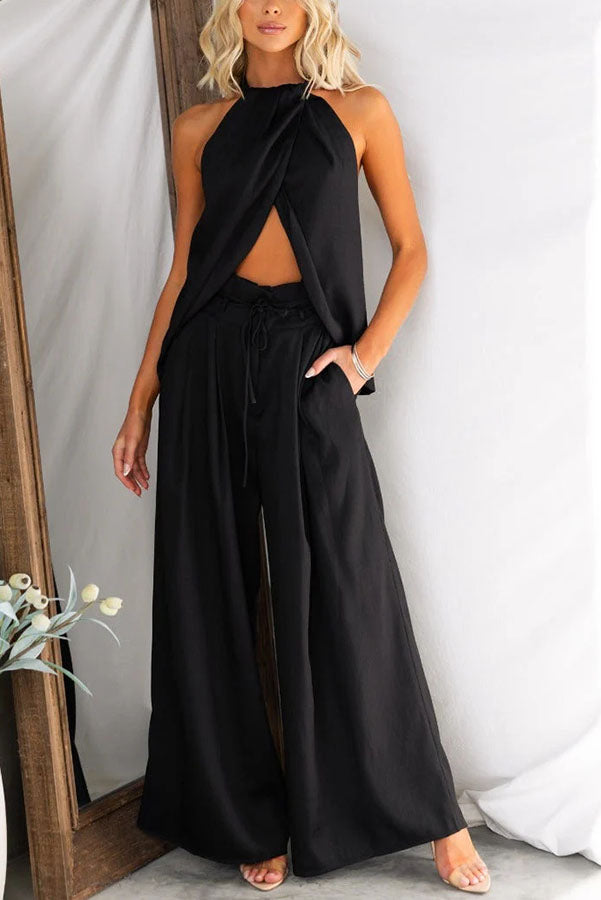 Gette Linen Blend Slit Front Top and High Rise Knoted Pocket Wide Leg Pants Set-consonak