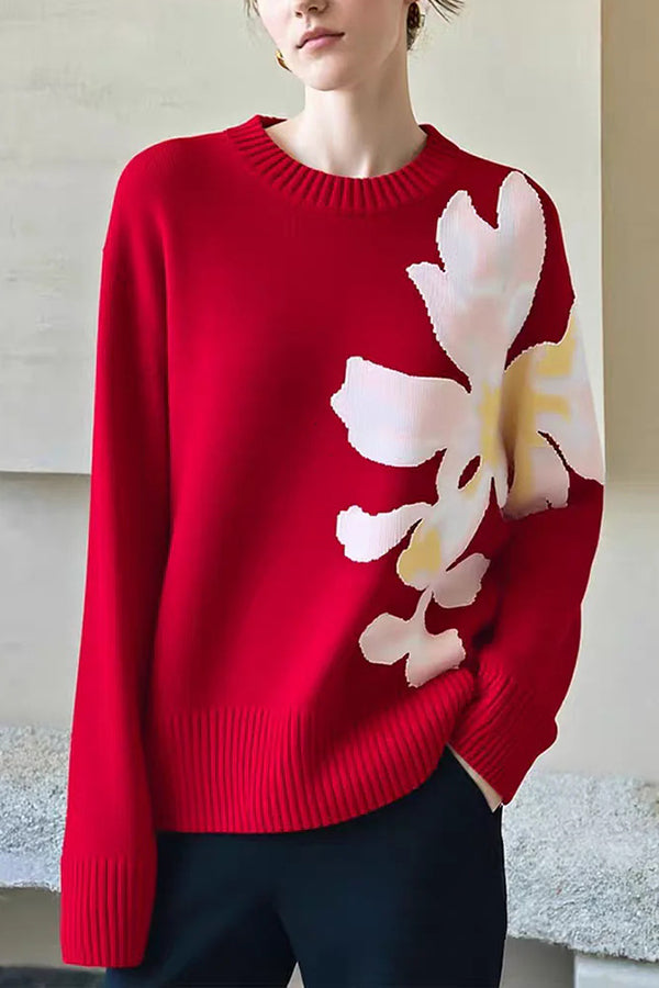 Fashionable Color-blocked Floral Loose Long-sleeved Knit Sweater-consonak