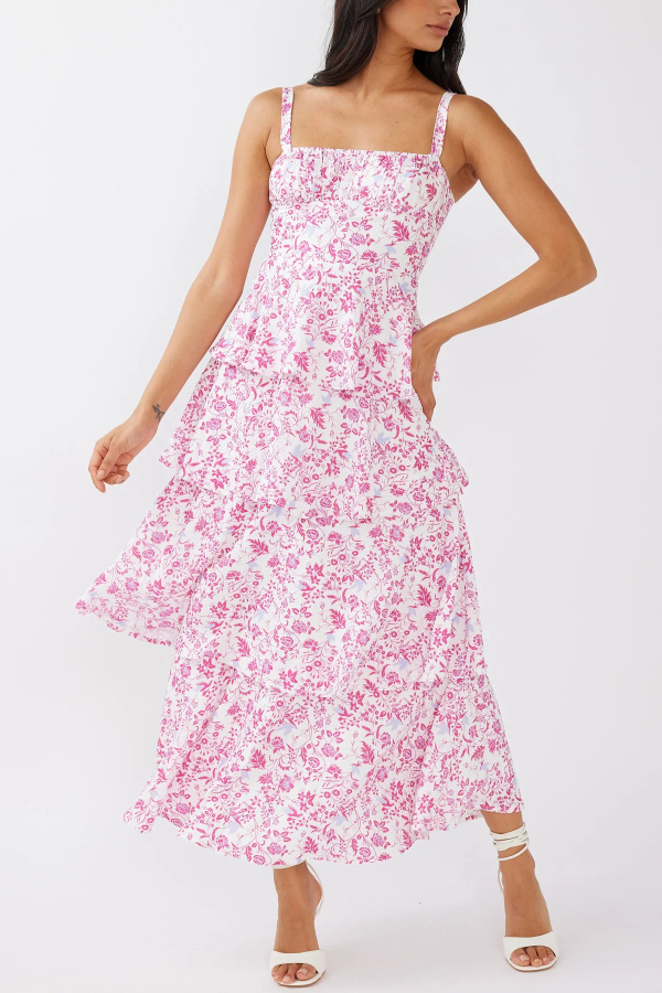 Floral Print Square Neckline Back Tie Casual Holiday Maxi Dress