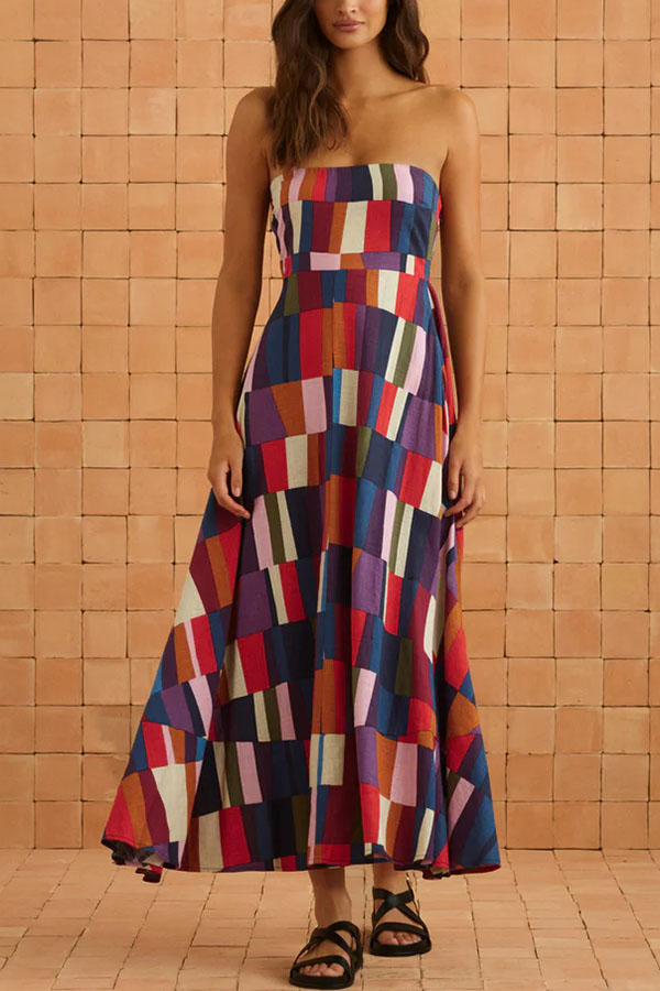 Retro Chic Linen Blend Colorful Color Block Strapless Back Smocked Midi Dress | Consonak