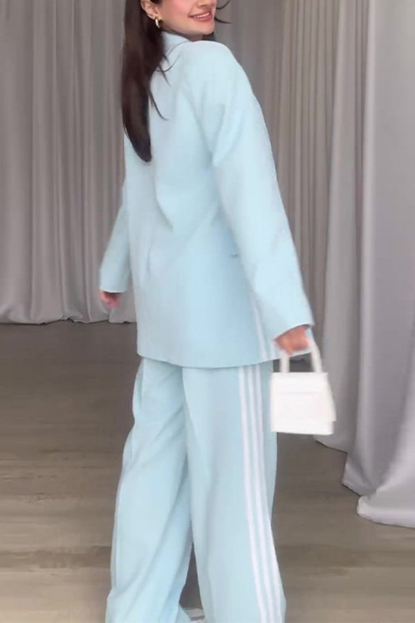 Fresh and Casual Style Striped Trim Lapel Blazer and High Rise Pocket Loose Pants Set-consonak