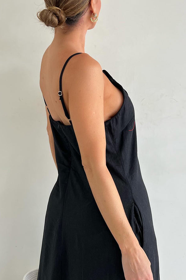 Vacay Ready Linen Blend Floral Embellishment Pocketed Slit Maxi Dress-consonak