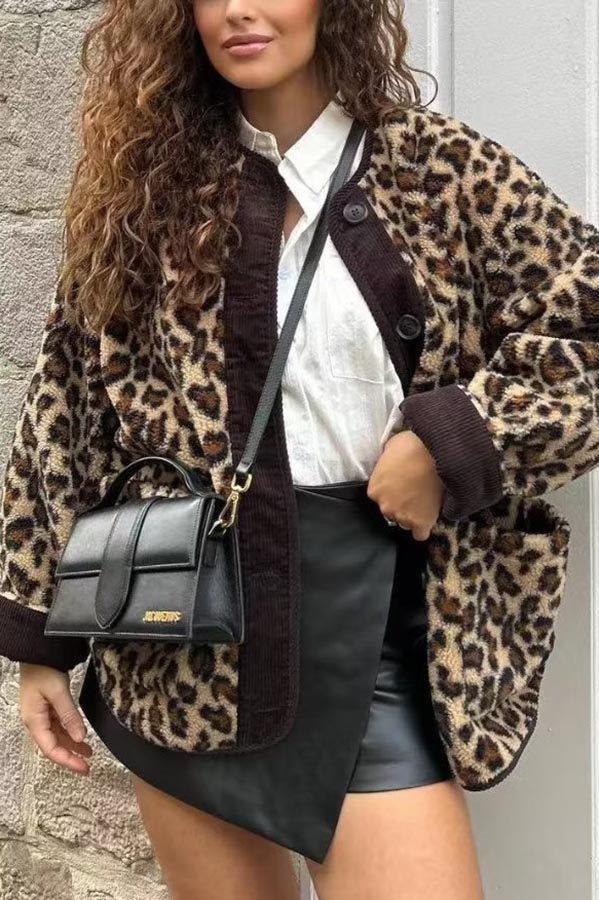 Warm Feel Colorblock Leopard Print Plush Button Up Pocketed Teddy Jacket-consonak