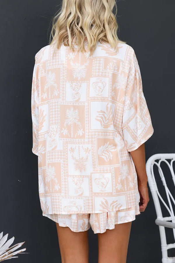 Viva La Travel Unique Print Loose Button Shirt and Elastic Waist Shorts Set-consonak