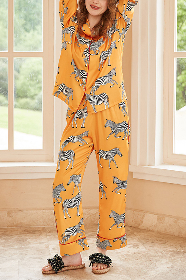 Yellow Zebra Print Home Long-sleeved Two-piece Set | Consonak