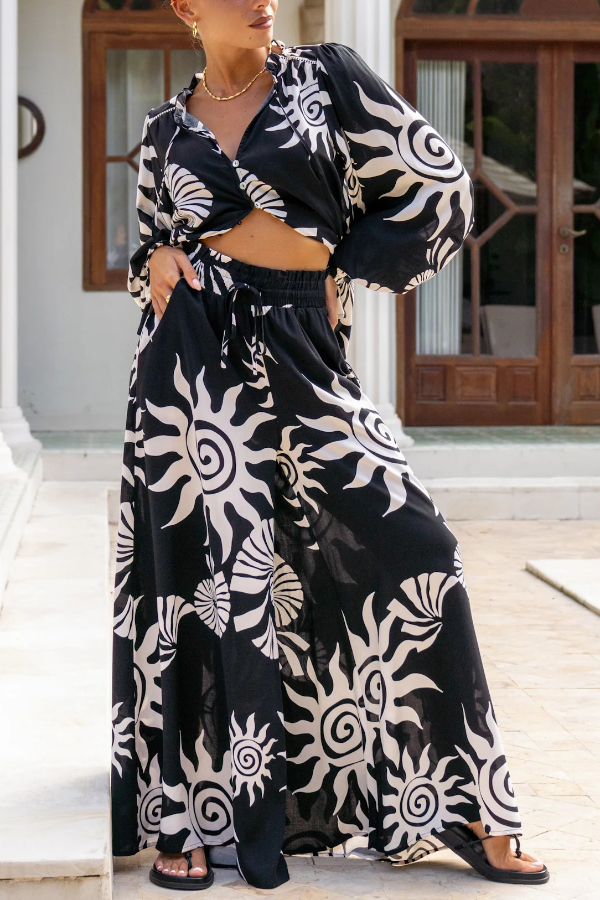 Sun and Conch Print Casual Elastic Waist Drawstring Pocket Wide-leg Pants