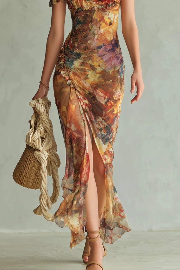 Floral Print Short-sleeved Square Neck Ruffled Elegant Slit Maxi Dress
