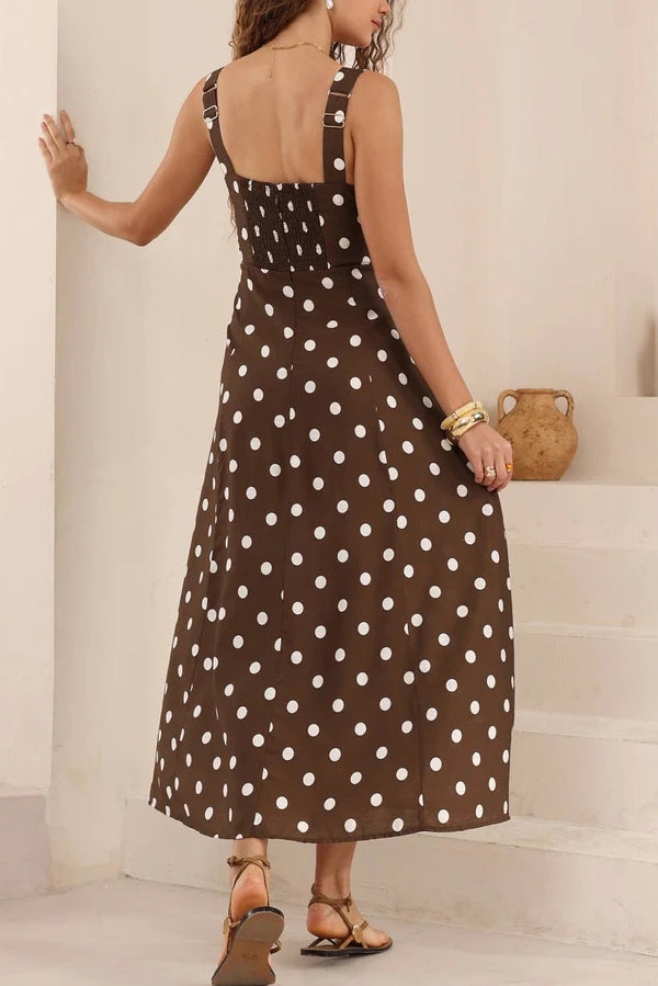 Polka Dot Print Back Pleated Casual Pocket Holiday Maxi Dress-consonak