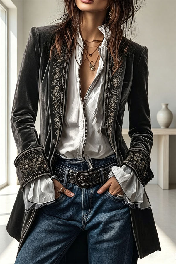 Aurelia Embroidered Velvet Tailored Blazer-Consonak