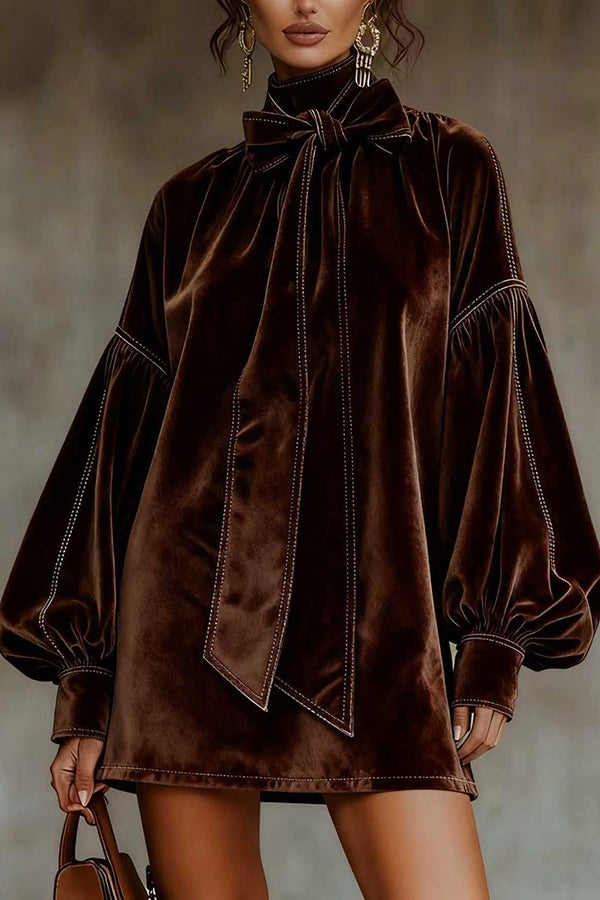 Solid Color Velvet Bow Tie Lantern Sleeve Loose Mini Dress-consonak