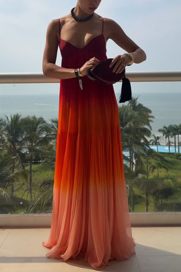 Flowing Like Dawn Chiffon Gradient Print Slip A-line Maxi Dress-consonak