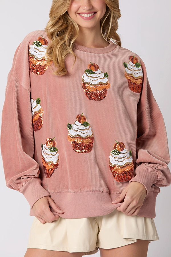 Christmas Pumpkin Cake Sequined Round Neck Loose Sweatshirt-consonak