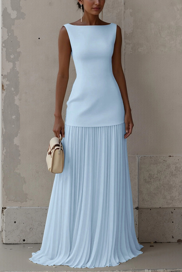 Solid Color Sleeveless Pleated Elegant Maxi Dress-consonak