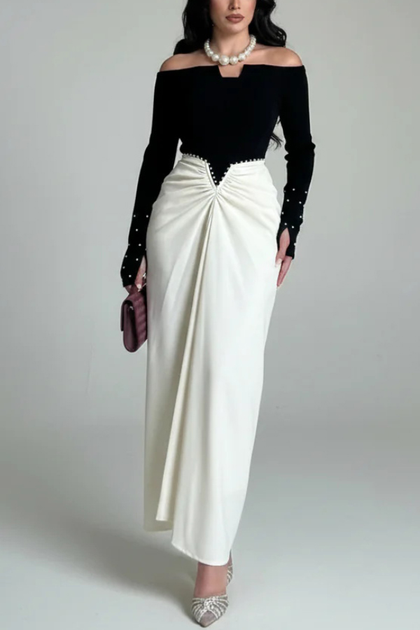Stylish Pearl-embellished Elegant Off-shoulder Long-sleeved Draped Maxi Dress-consonak