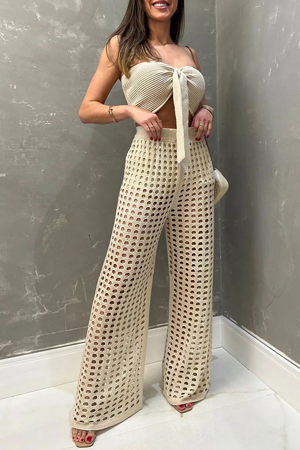 Riley Knit Front Knotted Bandeau and Stretch Hollow Out Wide Leg Pants Set-consonak
